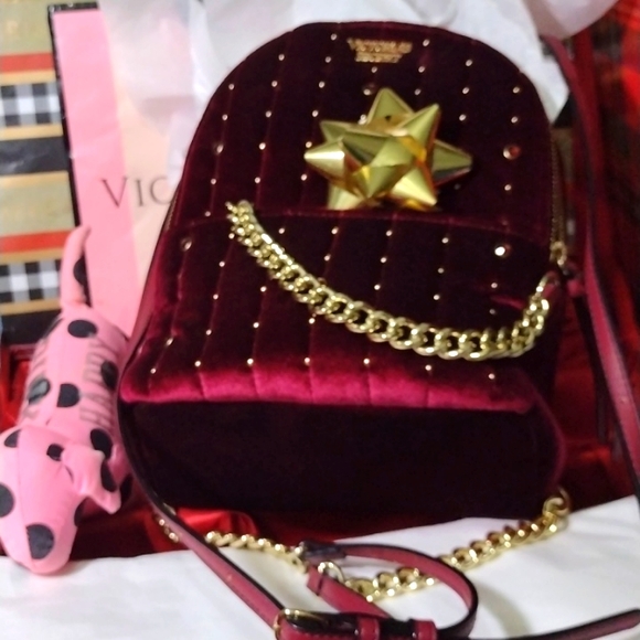 Victoria's Secret Burgundy Velvet Stud City Mini Backpack🎒Crossover Gold HW NWT - Picture 4 of 14